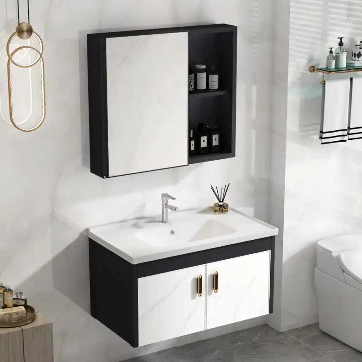 White and Black Cabinet and Mirror Undermount Wash Basin
