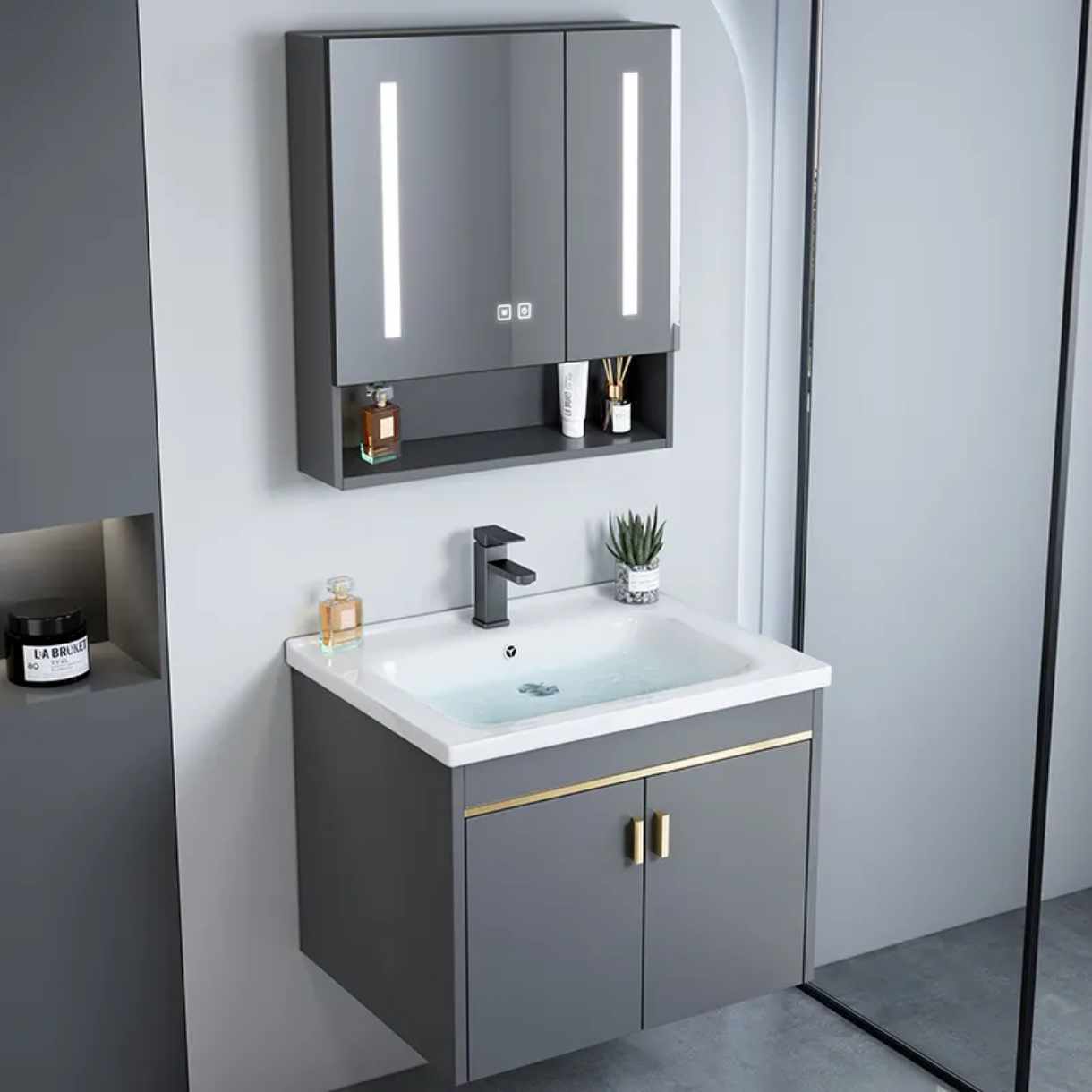 Grey Bathroom Vanity with Integrated Lighting and Functional Storage