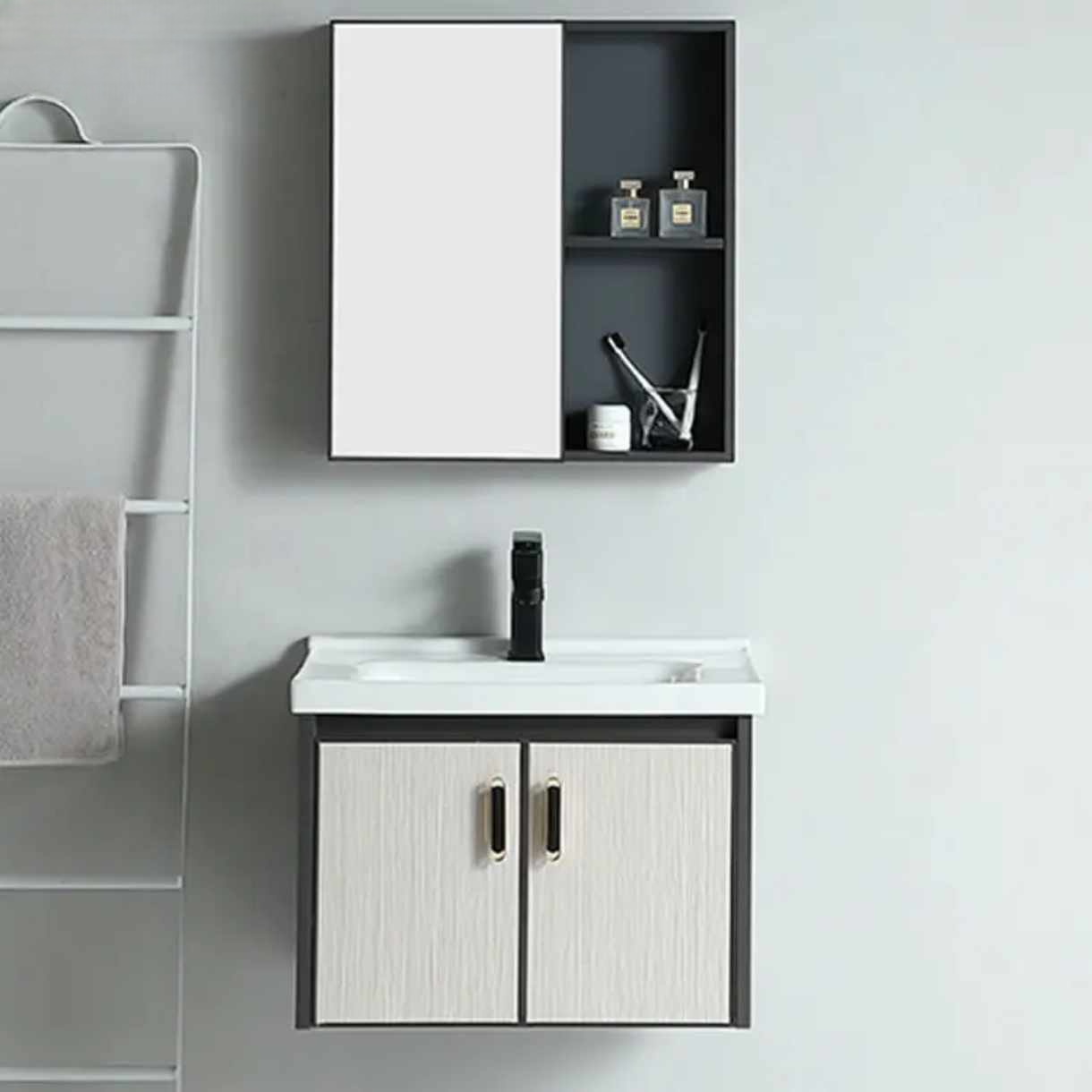 White and Gray Wall Mounted Bathroom Vanity with Mirror Cabinet