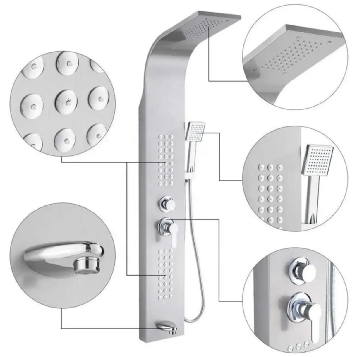 A Brushed Silver 304 Stainless Steel Shower Panel with Dynamic Massage an Elegant Fusion of Form and Function
