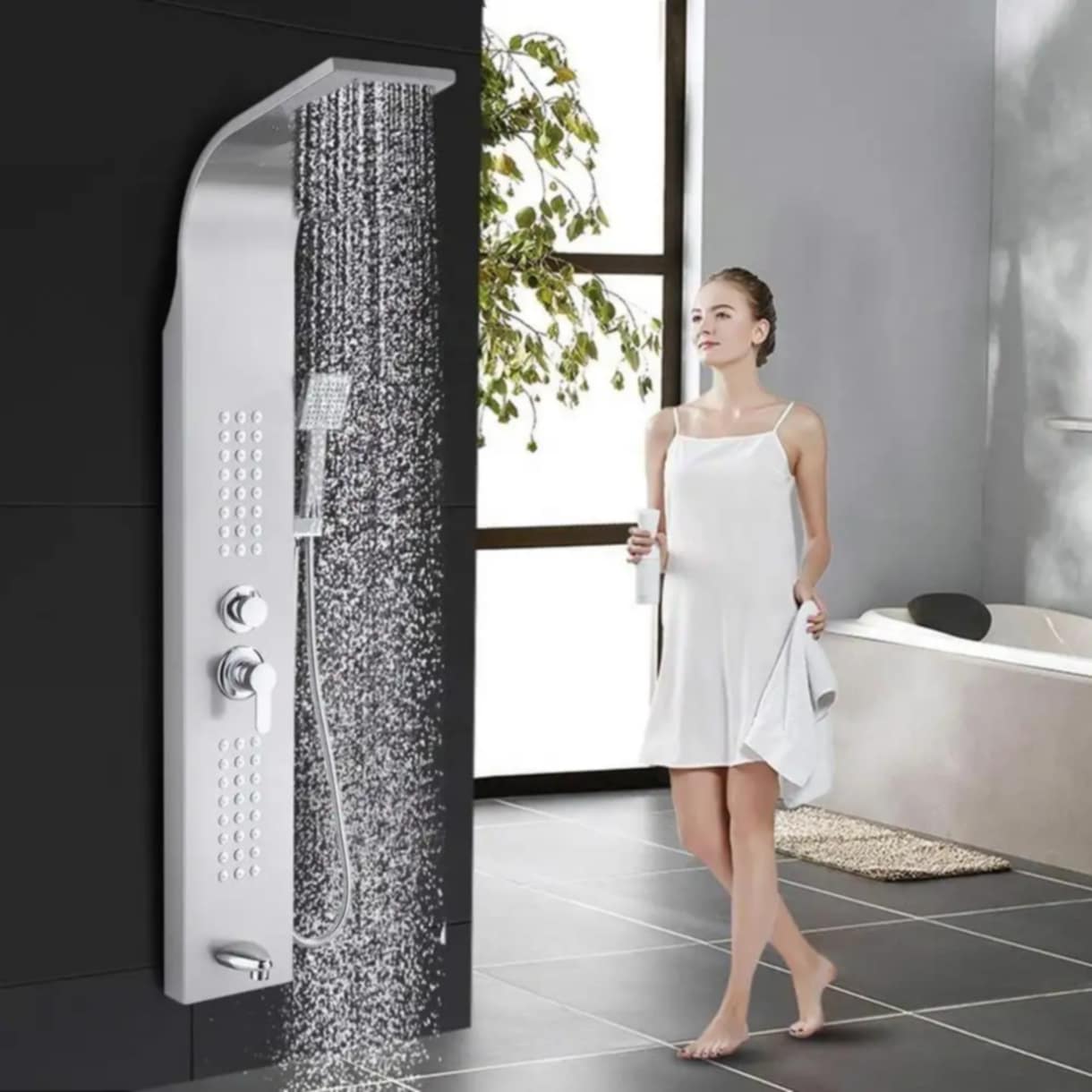 A Brushed Silver 304 Stainless Steel Shower Panel with Dynamic Massage an Elegant Fusion of Form and Function