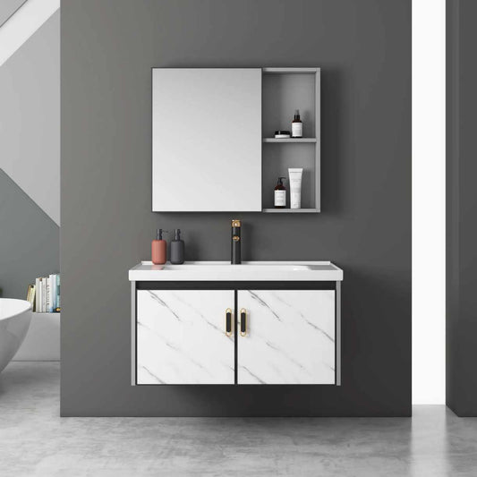 White and Black Cabinet and Mirror Undermount Wash Basin