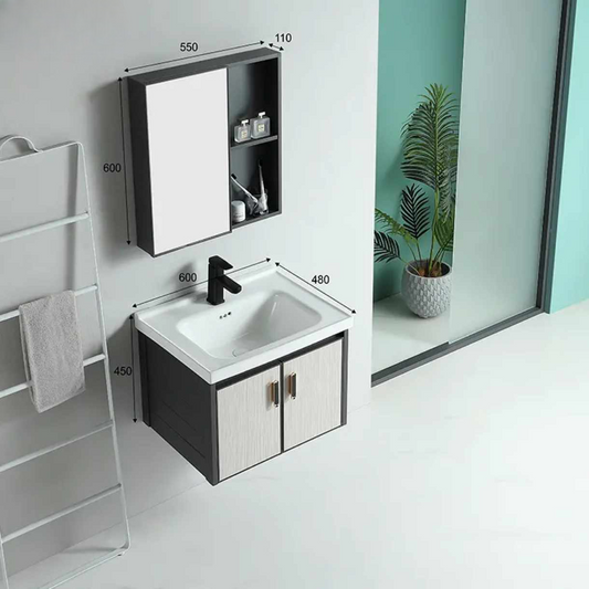 White and Gray Wall Mounted Bathroom Vanity with Mirror Cabinet