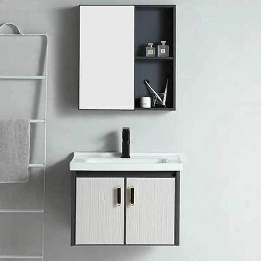 White and Gray Wall Mounted Bathroom Vanity with Mirror Cabinet