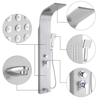 A Brushed Silver 304 Stainless Steel Shower Panel with Dynamic Massage an Elegant Fusion of Form and Function